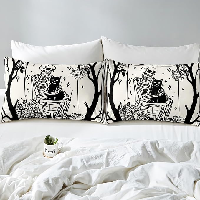 Erosebridal Halloween Gothic Skull Comforter Set Queen, Skeleon Holding Cat Bedding Set, Gothic Floral Comforter for Kids Teens Boys Adults Goth Room Decor, Sun and Moon Quilt, Lightweight