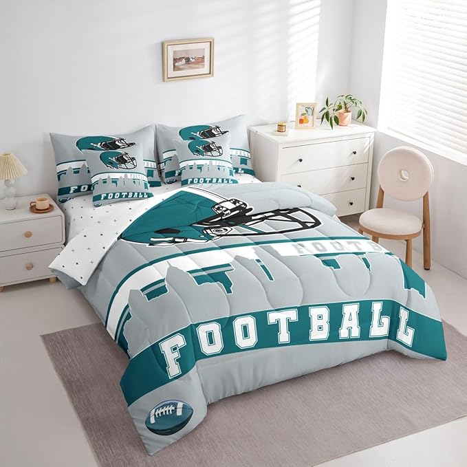 Erosebridal Football 7 Pcs Comforter Set Twin Football City Bedding for Boys Girls Grey Football Fans Sheet Set Bed in A Bag Rugby Game Room Decor Sports Ball Competition Quilt