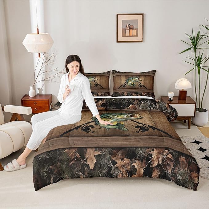 Erosebridal Camo Bass Fish Full Bedding Set Pike Fish Fishing Comforter Set for Kids Boys Teen Men Camouflage Hunting Bed Comforter Sets,Rustic Farmhouse Quilt Duvet