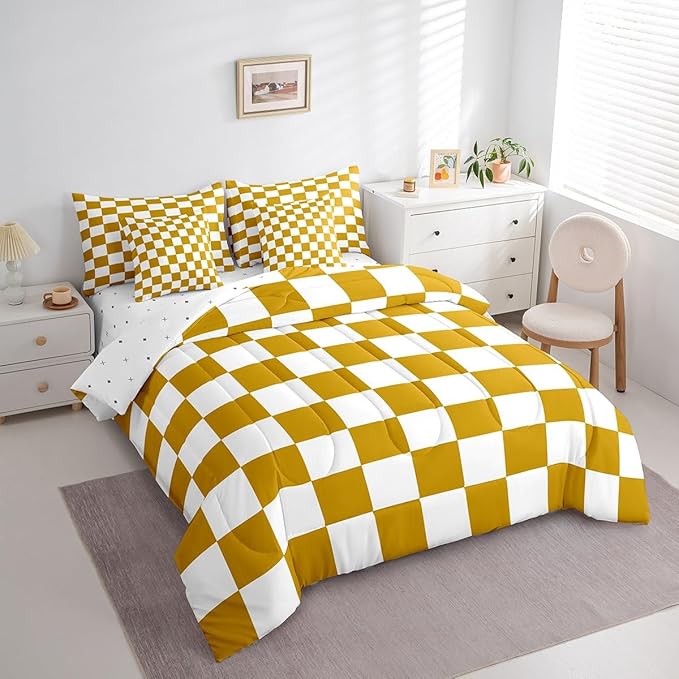 Feelyou Checkered 7 Piece Bedding Set Teen Yellow White Plaid Decoration Comforter Set with Sheets Twin Size Kids Boys Cute Retro Neutral Grid Geometric Bed in a Bag Vintage Aesthetic Room Decor