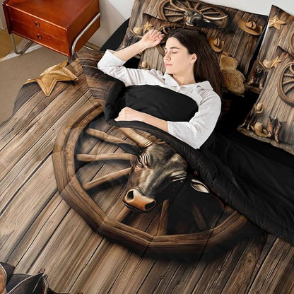 Erosebridal Bull Head 7 Piece Bedding Set King Western Comforter Set with Sheets Cowboy Hat Boots Car Wheels Haystack Bed in a Bag Board Star Print Farmhouse for Teens Men Women