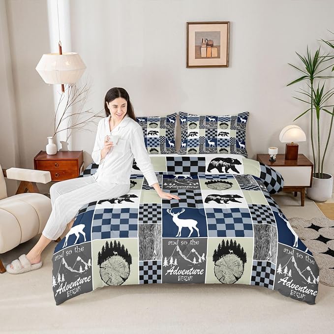 Retro Farmhouse Cabin Comforter Set, Rustic Bear Deer Quilt King Size, Camping Lodge Forest Bedding Hunting Animal Blue Plaid Duvet Insert For Kids Teens Adult Bedroom Decor, Cabin Gifts For Men