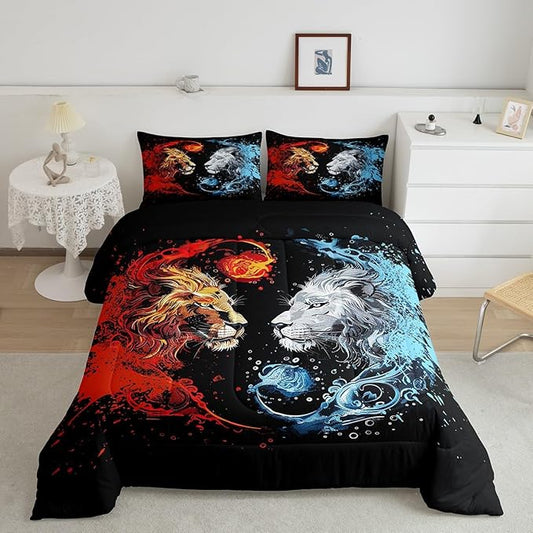 Manfei Exotic Lions Comforter Toddler for Kids Adults Youth,Fire Water Animals Boho Style Quilt Comforter Room DecorGothic Animals Fighting Yin Yang Quilted Duvet Duvet Insert,1 Pillowcase