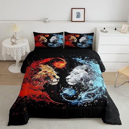 Manfei Exotic Lions Comforter Twin for Kids Adults Youth,Fire Water Animals Boho Style Quilt Comforter Room DecorGothic Animals Fighting Yin Yang Quilted Duvet Duvet Insert,1 Pillowcase
