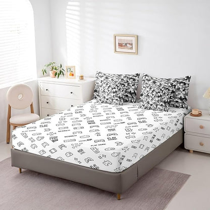 Grey Black Camo 7Pcs Comforter Set Queen Size,Geometric Pixelated Themed Bedding Set for Kids Girls Boys Teens Room Decor,Modern Camouflage Fitted Flat Sheet Video Games 2 Throw Pillow,2 Pillowcases
