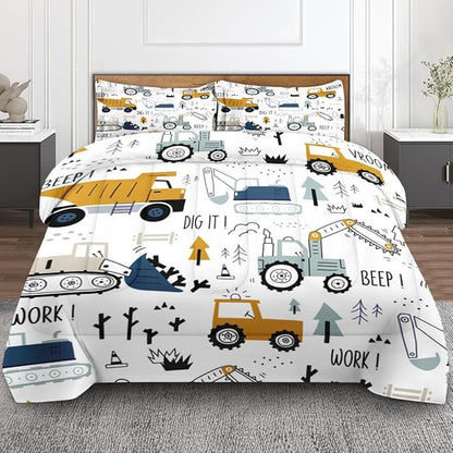 Cute Car Truck Construction Comforter Set for Boys Teens Toddlers Adults Full, Tractor Excavator Boho Bedding Sets Water Washed Microfiber Bedding with 1 Comforter 2 Pillowcase All Season