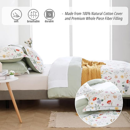 Botanical Cotton Comforter Queen Size 3Pcs - Colorful Flowers, Berries and Leaves on White, Chevron Sage Green Back, Reversible Lightweight Bedding Sets with Soft Fill(Queen, 90"×90")