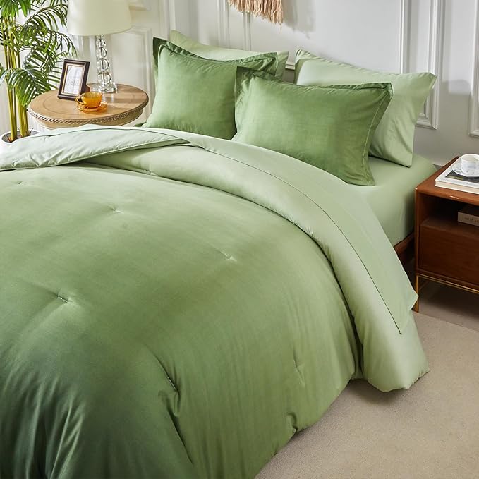 Olive Green and White Gradient Comforter Set Queen Size 7 Pieces Elegant Ombre Bed in a Bag - Reversible All Season Bedding Set with Comforter, Flat Sheet, Fitted Sheet, 2 Pillowcases & 2 Pillow Shams
