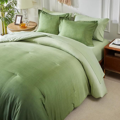 Olive Green and White Gradient Comforter Set Queen Size 7 Pieces Elegant Ombre Bed in a Bag - Reversible All Season Bedding Set with Comforter, Flat Sheet, Fitted Sheet, 2 Pillowcases & 2 Pillow Shams