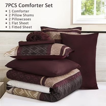 Cottolester Boho Comforter Set Queen Size,Red Brown Striped Bed in a Bag,Plaid Comforter and Sheet Set,Soft Microfiber Complete Bedding Sets