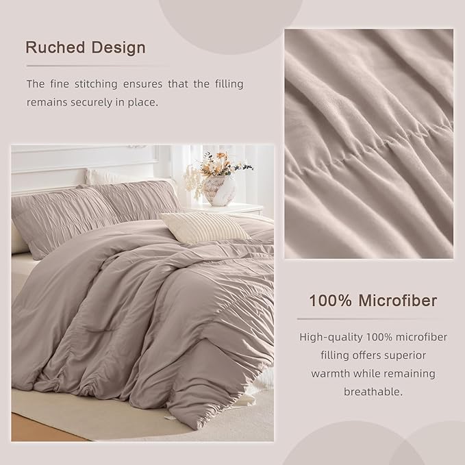 Masaca Oversized King Comforter 120x120,3 Pieces Taupe Ruched Comforter Extra Large,Ruffle Cal King Bed Comforter Oversized Lightweight Shabby Farmhouse Bedroom Bedding Set Ultra Soft