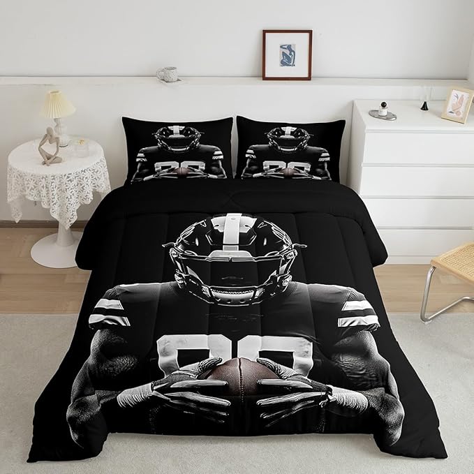 Feelyou Rugby Comforter Set Full Size Football Player Comforter for Boys Girls Teens Football Bedding Set Rugby Sport Duvet Set Room Decor Black Quilt Set