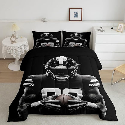 Feelyou Rugby Comforter Set Twin Size Football Player Comforter for Boys Girls Teens Football Bedding Set Rugby Sport Duvet Set Room Decor Black Quilt Set