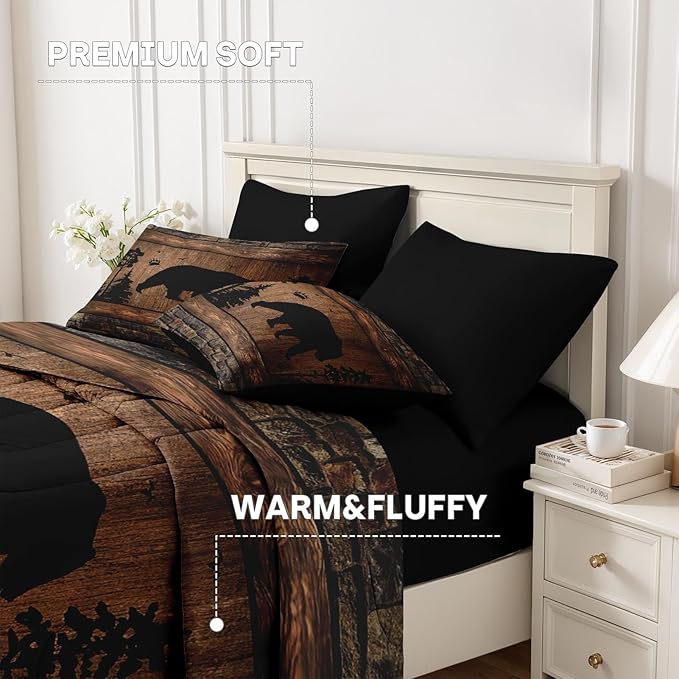 Nesker 7 Pcs Comforter Set King Size, Wild Animal Brown Wooden Plank Bedding Set for Kids and Adults, Bears Farmhouse Cabin Rustic Bed Sheet Sets with Fitted Sheet 2 Pillowcases & 2 Shams