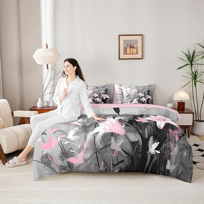 Feelyou Girls Lily Flower Comforter Set with Sheets Full Size 7 Pieces Kids Pink Floral Bedding Set for Boys Women Teens Simple Modern Abstract Art Bed in a Bag Room Decor