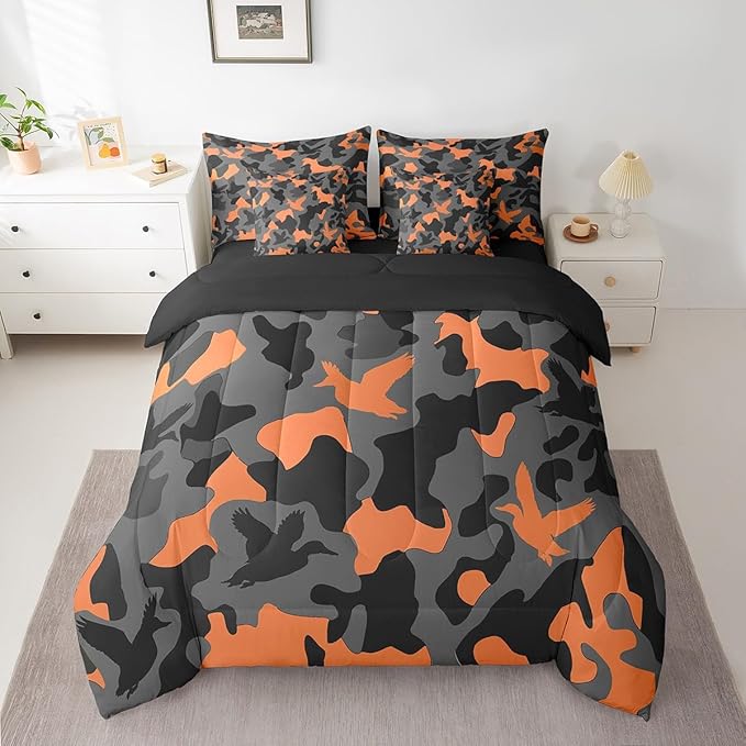 Erosebridal Hunting 7 Pcs Bed Set Twin Size Camouflage Bedding for Kids Army Wild Duck Bed in A Bag Sheet Set Vintage Orange Grey Mallard Duck Bedroom Decor Animal Rustic Comforter Set