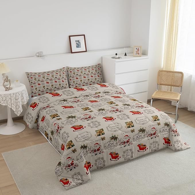 Merry Christmas Bedding Set Queen Size,Cartoon Santa Clause Sleigh Print Comforter Set,Vintage Xmas Quilt Set for Kids Boys Girls Adult Room Decor,Khaki and Colorful Reversible Duvet Insert 3Pcs