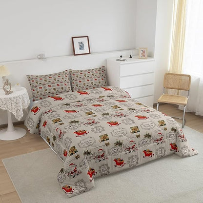 Merry Christmas Bedding Set Full Size,Cartoon Santa Clause Sleigh Print Comforter Set,Vintage Xmas Quilt Set for Kids Boys Girls Adult Room Decor,Khaki and Colorful Reversible Duvet Insert 3Pcs