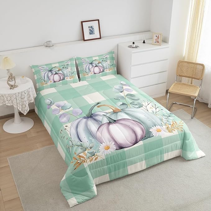 Fall Harvest Pumpkin Bedding Set Rustic Thanksgiving Queen Comforter Set Watercolor Farmhouse Buffalo Plaid Check Bedding Comforter Sets Eucalyptus Leaves Duvet Insert Pastel 2 Pillow Cases