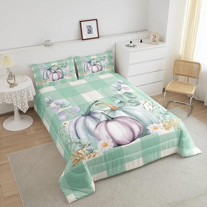 Erosebridal Fall Harvest Pumpkin Bedding Set Rustic Thanksgiving Twin Comforter Set Watercolor Farmhouse Buffalo Plaid Check Bedding Comforter Sets Eucalyptus Leaves Duvet Insert Pastel 1 Pillow Case