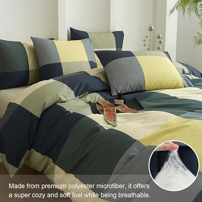 mixinni Queen Comforter Set Men Boys Geometric Checkered Plaid Printed Bedding Comforter for All Season Soft Lightweight Bedding Set-(Queen Size, Green,Yellow,Khaki)
