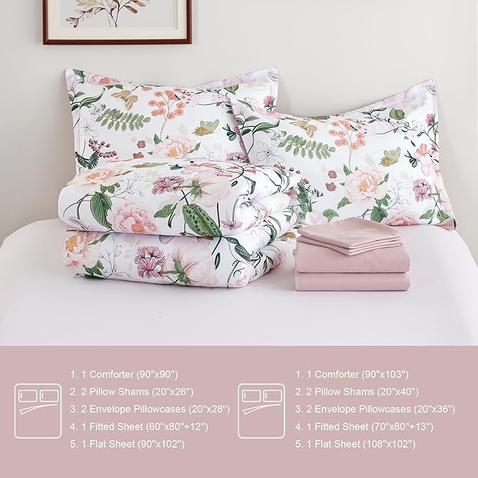 Anibedding 7Pieces Floral King Size Comforter Set, Garden Plant Style Bed in a Bag Pink Flower Bedding Comforter Set with Pillow Case for Bedroom