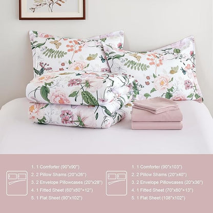 Anibedding 7Pieces Floral King Size Comforter Set, Garden Plant Style Bed in a Bag Pink Flower Bedding Comforter Set with Pillow Case for Bedroom
