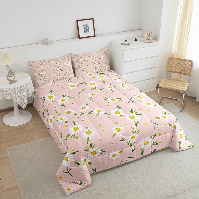 Manfei Daisy Comforter Set King Size, Yellow White Flower Quilt Set with 2 Pillowcases, Botanical Garden Artwork Bedding Set 3pcs for Kids Boy Girls Bedroom Decor Lightweight Duvet Insert