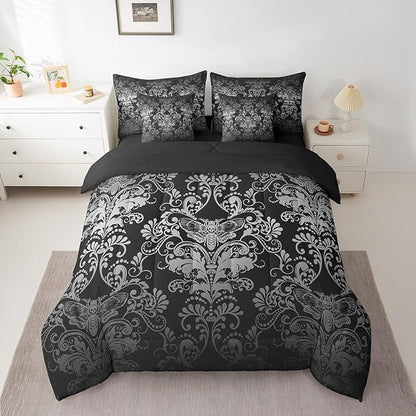 Erosebridal Gothic Damask Bed in a Bag King Size Comforter Set 7 Pieces,Exotic Moth Bedding Sets White Black Victorian Floral Goth Sheet Set with Comforter