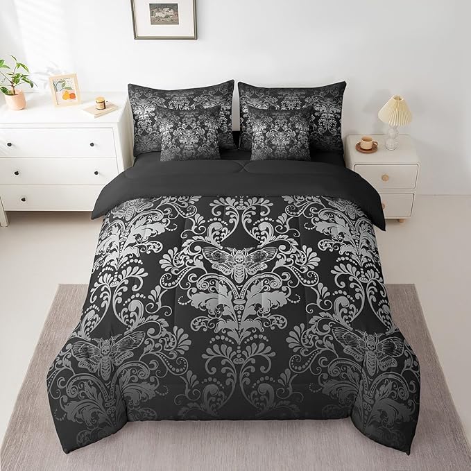 Erosebridal Gothic Damask Comforter Set 7 Piece Bed in a Bag Twin,Exotic Moth Bedding Sets White Black Victorian Floral Goth Sheet Set with Comforter