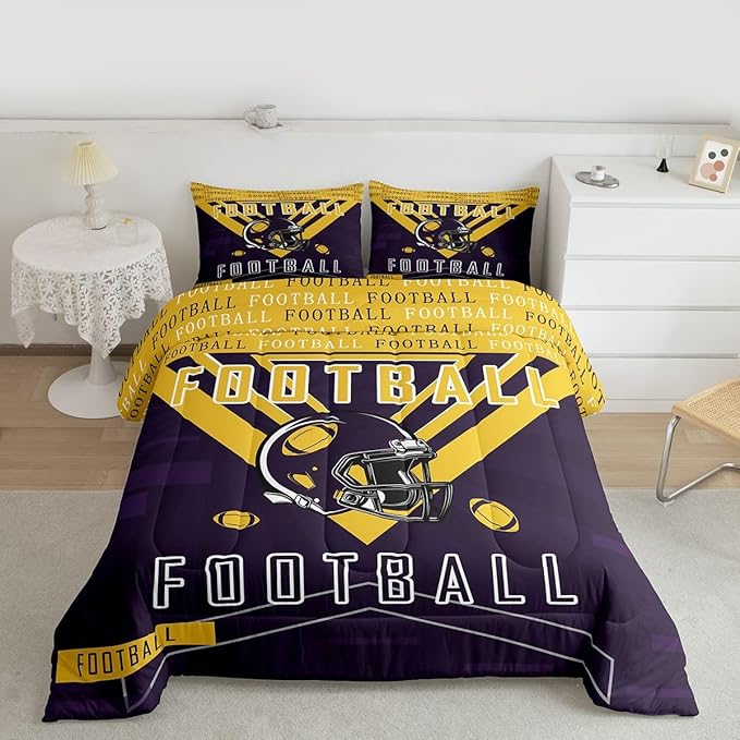 Feelyou Football Bedding Set Boys Girls Twin Size Comforter Set Sports Themed Women Men Rugby Sport Duvet Quilt Football City Purple Yellow Room Decor