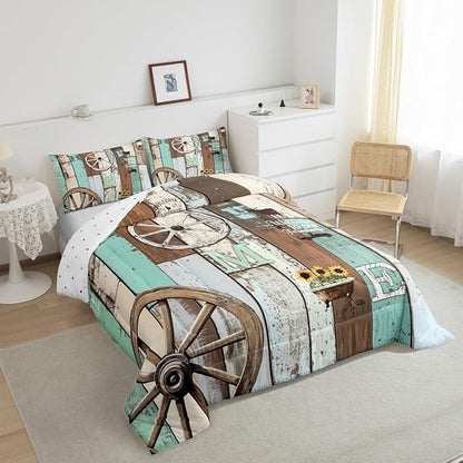 Western Rustic Comforter Twin Farmhouse Cabin Quilt Bedding Set For Kids Adult Men Women,Farm Animal Sunflower Wheel Comforter Set Retro Barn Door Windmill Duvet Blue Green Home Room Decor 2 Pcs