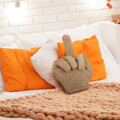 Menkxi Small Middle Finger Decorative Pillow 13.78 x 9.84 in Funny Shaped Sherpa Fleece Throw Pillow Warm Soft Emoticon Cushion Middle Finger Decor for Couch Gag Gift(Light Brown)