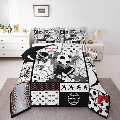 Feelyou Football Comforter Set Queen Size Basketball Comforter for Boys Girls Teens Rugby Sports Bedding Set Baseball Duvet Set Room Decor Balck White Grey Mixed Ball Quilt Set