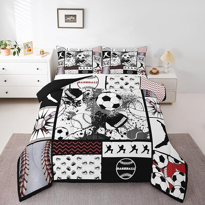 Feelyou Football Comforter Set King Size Basketball Comforter for Boys Girls Teens Rugby Sports Bedding Set Baseball Duvet Set Room Decor Balck White Grey Mixed Ball Quilt Set