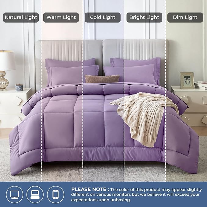 Sasttie King Size Comforter Set, 7 Pieces Bed in a Bag King, Complete Bedding Set Includes Comforter, Flat Sheet, Fitted Sheet, Pillowcases and Pillow Shams, Violet