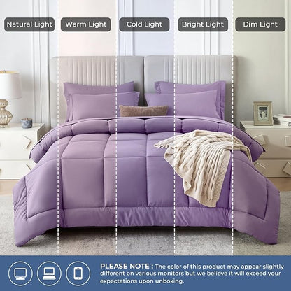 Sasttie King Size Comforter Set, 7 Pieces Bed in a Bag King, Complete Bedding Set Includes Comforter, Flat Sheet, Fitted Sheet, Pillowcases and Pillow Shams, Violet