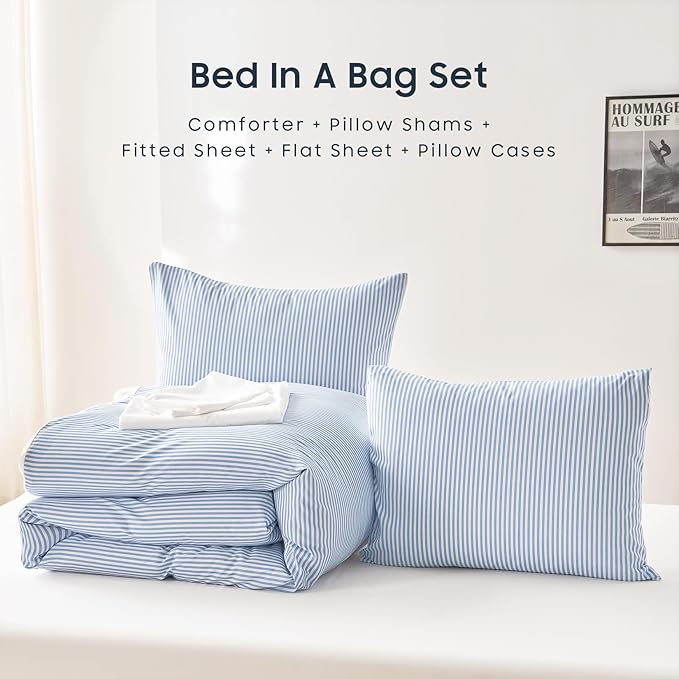 Wake In Cloud - Striped Comforter Set with Sheets, Ticking Stripe Vertical Pinstripe Neutral Farmhouse Pattern Printed, 5 Pieces Bed in a Bag, Blue White, Twin Size