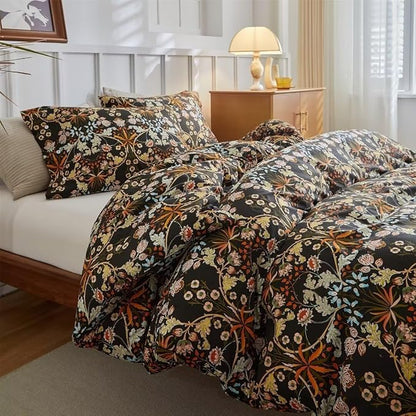 MKXI Shabby Chic Floral Black Comforter Set Nature-Inspired Bedding Comforters Cottage Style Botanical Bed Comforter Set Bohemian Full Size Comforter Set Black Floral