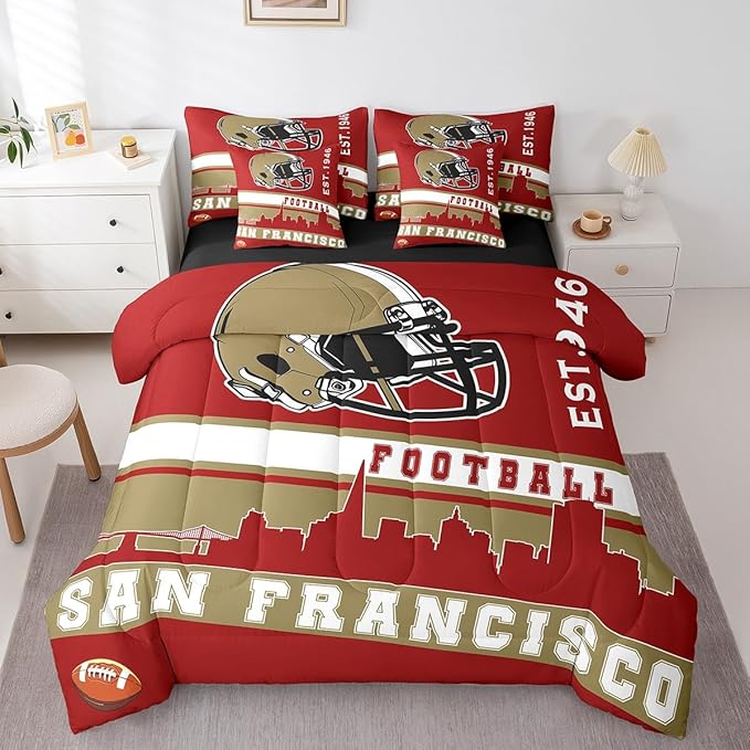 Erosebridal Football 7 Pcs Comforter Set Queen Football Fans Bedding for Men Footballs City Sheet Set Bed in A Bag Red Rugby Competition Room Decor Sports Ball Game Quilt