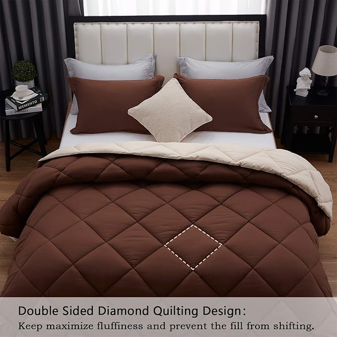 NexHome Queen Comforter Set Brown&Ivory,3 Pieces Lightweight Comforters Queen Size Reversible Bedding Comforters Sets,Down Alternative Comforter Bed Set Quilt Blanket(88x88In Comforter & 2 Pillowsham)