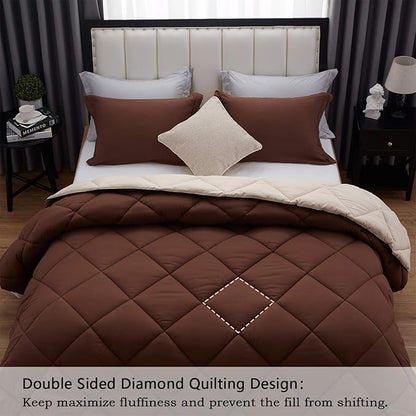 NexHome Queen Comforter Set Brown&Ivory,3 Pieces Lightweight Comforters Queen Size Reversible Bedding Comforters Sets,Down Alternative Comforter Bed Set Quilt Blanket(88x88In Comforter & 2 Pillowsham)