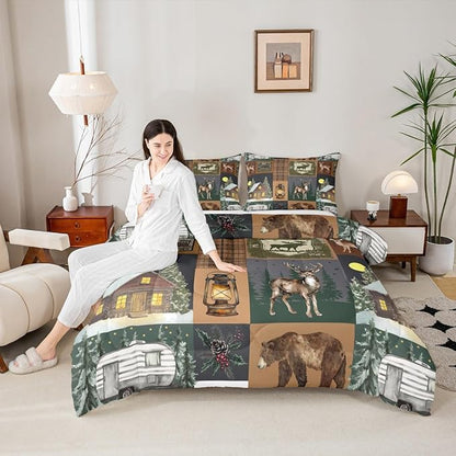 Farmhouse Bear Comforter Set Queen, Rustic Cabin Lodge Down Comforter, Retro Woodland Deer Bedding Comforter Sets, Hunting Wild Animal Plaid Checkered Quilt with 2 Pillow Cases Bedroom Decor, Brown