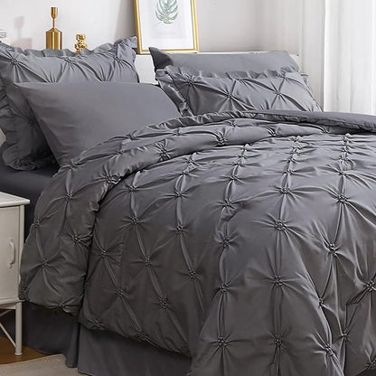 JOLLYVOGUE King Size Comforter Set 7 Pieces, Pintuck Dark Grey Bed in a Bag Comforter Set for Bedroom, Beddding Sets with Comforter, Sheets,Ruffled Shams & Pillowcases