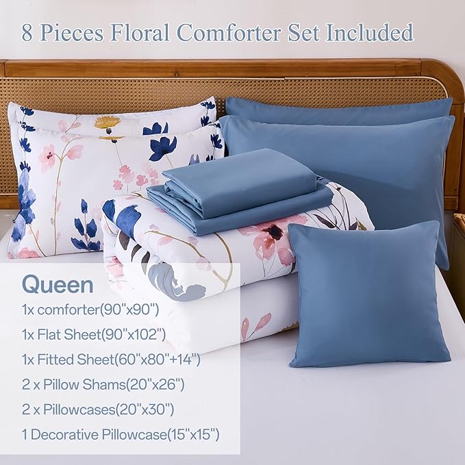 Anibedding Blue Floral Comforter Set Queen Size, 8 Piece Botanical Flower Bed in a Bag, Reversible Design Comforter Soft Microfiber Complete Bedding Sets for All Season (Blue, 90"x90")