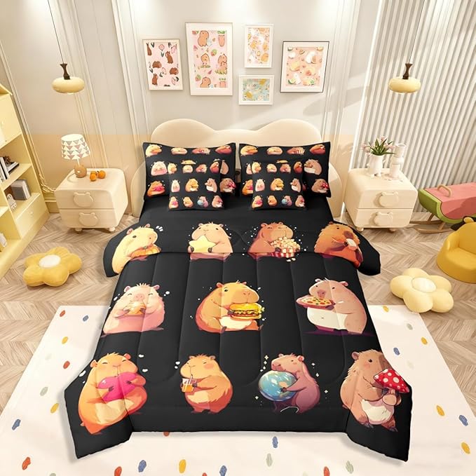 Erosebridal Funny Capybaras 7 Pieces Bedding Set Twin,Capybara Lover Bed in a Bag,Cartoon Rodents Bed Set Includes Comforter,Sheet Set,Pillowcases & Pillow Covers,Black Khaki Capybara Bedroom Decor