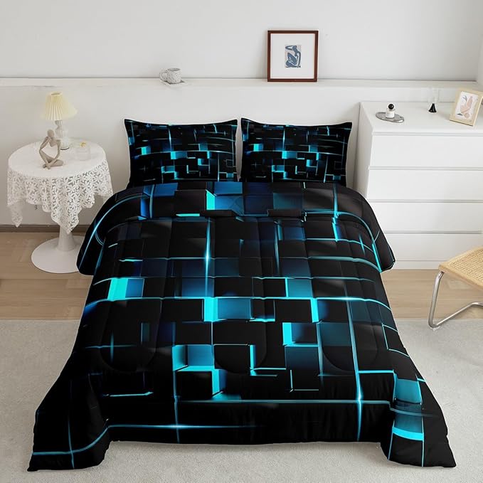 Erosebridal Neon Turquoise Black Comforter Set Twin Size 2 Piece Geometric Kids Bedding Set Honeycomb Comforter for Teens Women Adult Bedroom Decor, Aesthetics Modern Quilt