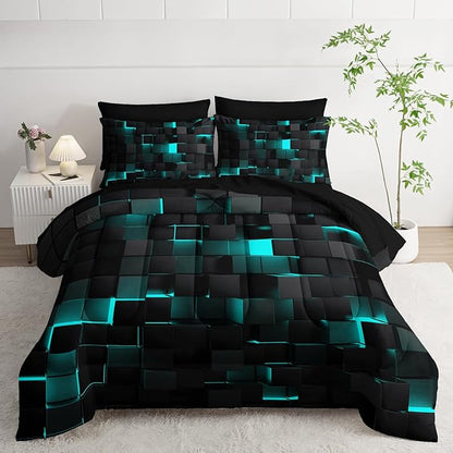 Geometric Turquoise Black Full Comforter Set,Light Honeycomb Bedding Set 7 Piece in A Bag,Bed Sheet Set Geometry Decor,Microfiber Lightweight All Season