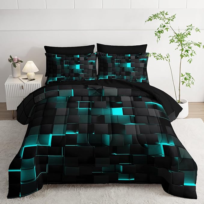 Geometric Turquoise Black King Comforter Set,Light Honeycomb Bedding Set 7 Piece in A Bag,Bed Sheet Set Geometry Decor,Microfiber Lightweight All Season