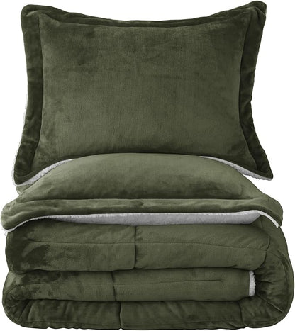 Seward Park Olive Green Sherpa Comforter Set Full Queen Size, All Season Soft Warm Fleece Fall Blanket, Winter Bedding Sets with 2 Pillow Shams
